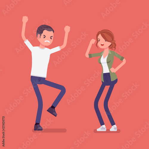 Family quarrel, heated wife and husband in argument or disagreement. Angry man in conflict, dispute with woman, couple abusive relationship, domestic violence, partners bad terms. Vector illustration