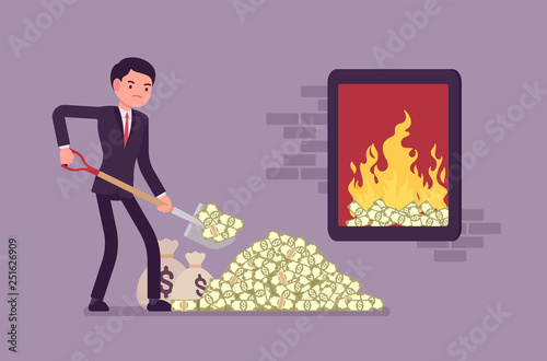 Businessman adding money fuel to large closed fire. Manager digging cash with spade burning it, spends salary or invests budget into risky project, danger, failure, or income loss. Vector illustration photo