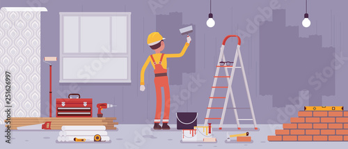 Repair of apartments and worker painting walls. Man provides professional services for construction of cottage, house, office, restore home to good condition, internal decoration. Vector illustration