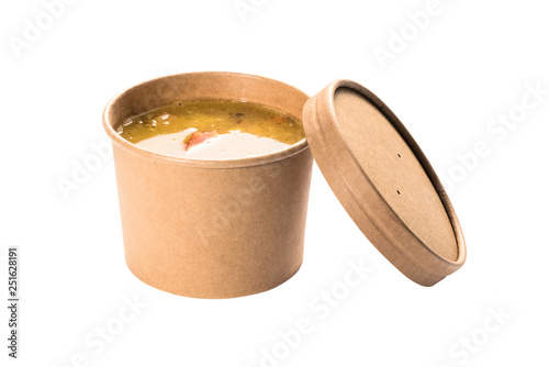 Soup in a disposable cup of craft paper