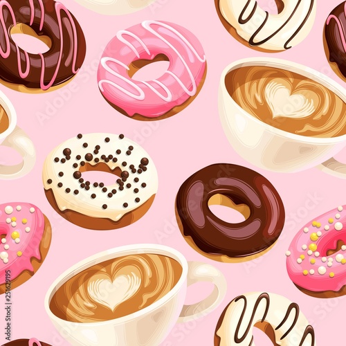 Vector seamless pattern with coffee and donuts