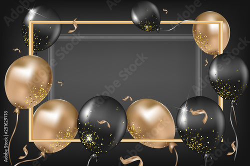 Black and gold air balloon on the gold frame. Decorations for holidays, party, birthday and wedding event on a black background and space for text. Falling confetti, sparkles, serpentine. Vector.