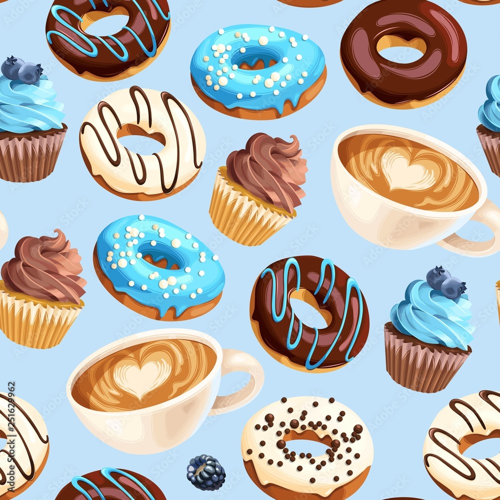 Vector seamless pattern with coffee and donuts Vector seamless pattern with coffee and donuts