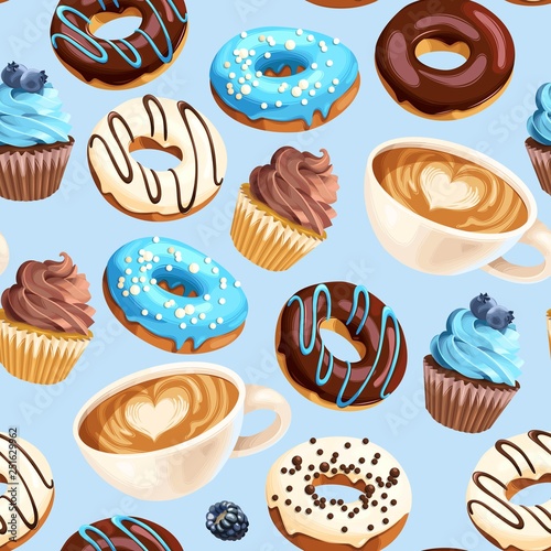 Vector seamless pattern with coffee and donuts