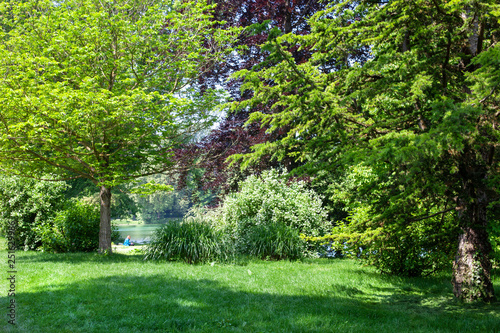 Fototapeta Naklejka Na Ścianę i Meble -  Beautiful park landscape. In the depths of the park on the shore of the lake you can see the silhouette of a man who works on a computer (reads, draws)