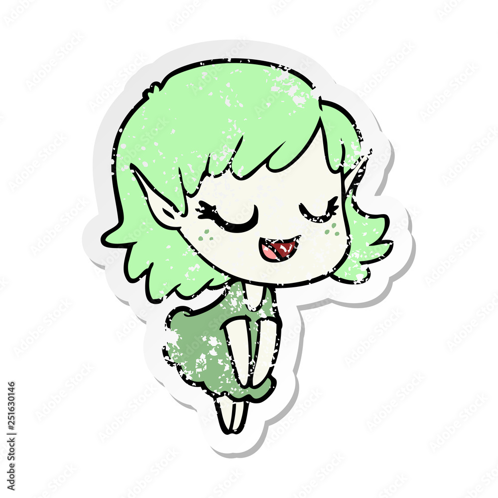 distressed sticker of a happy cartoon elf girl
