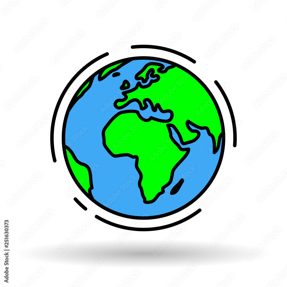Globe icon. Earth sign. World symbol. Simple thin line green and blue global graphic with Africa on white background. Vector illustration.