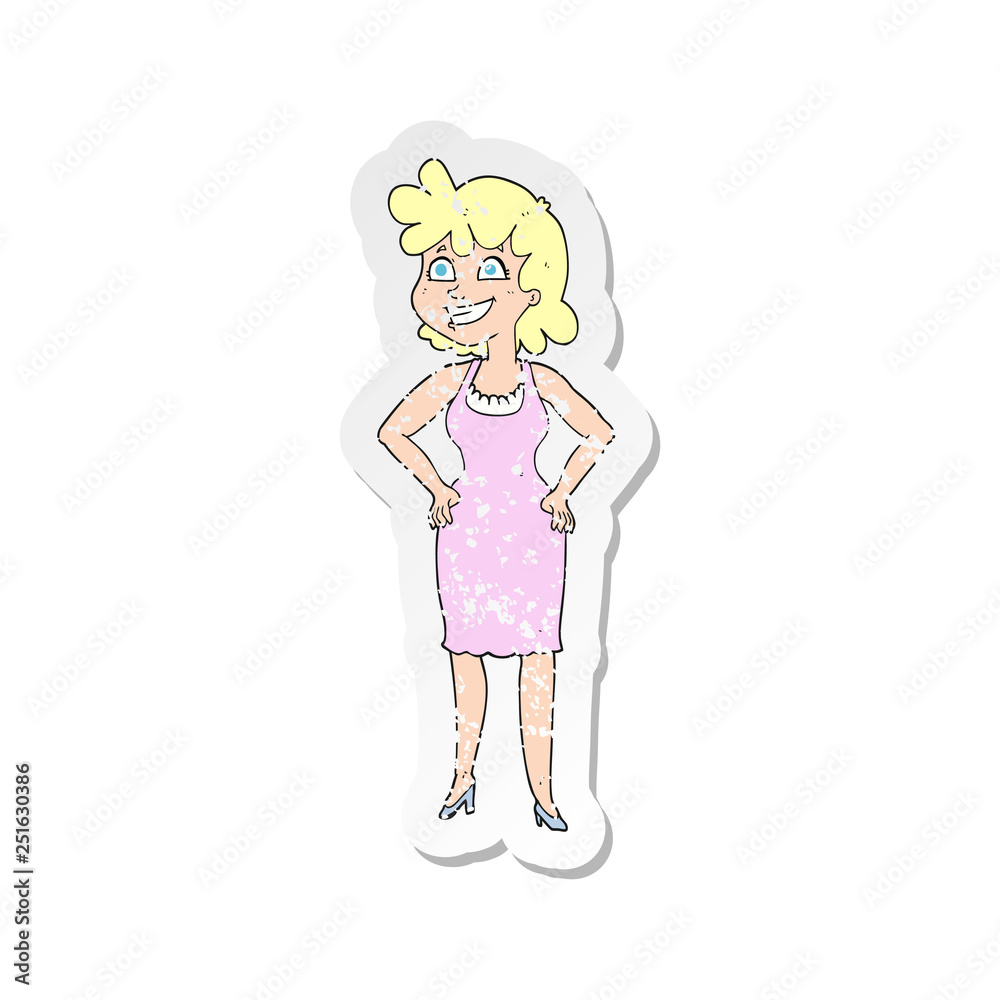 retro distressed sticker of a cartoon happy woman wearing dress retro distressed sticker of a cartoon happy woman wearing dress