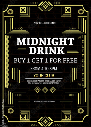 Vintage  art deco luxury party invitation design template with gold geometric ornament on a black background. Vintage invitation template design for drink list, bar menu, glamour event.