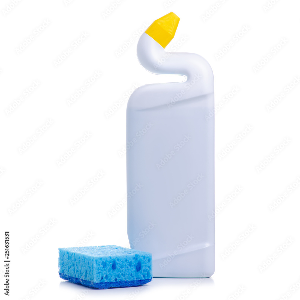 White bottle toilet cleaner with cleaning sponge on white background  isolation Stock Photo | Adobe Stock