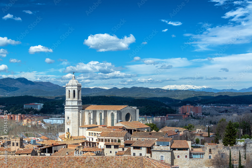 Girona Cathedral and Pyrenees Mountain Range
