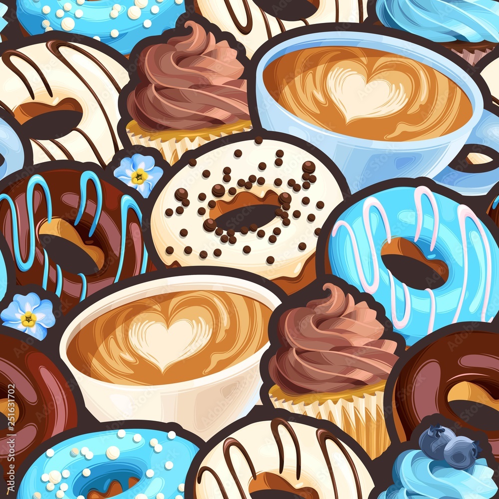 Vector seamless pattern with coffee and donuts Vector seamless pattern with coffee and donuts