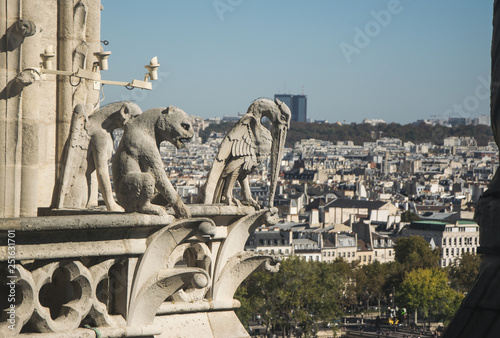PARIS, FRANCE - 02 OCTOBER 2018: Mythical creature gargoyle on roof of Notre Dame cathedral