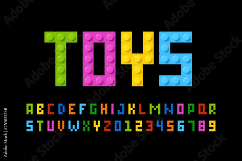 Plastic construction blocks font, alphabet letters and numbers