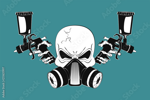 Angry human skull in respirator and two spray guns. Design element for logo, label, emblem, t-shirt or tattoo design. Vector illustration in cartoon style on background.