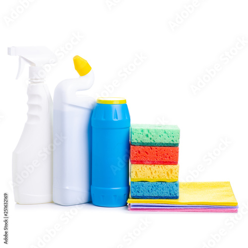 set of cleaning products for home cleaning isolated on white background