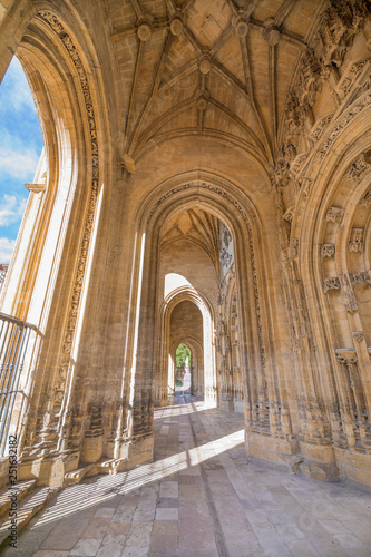 exterior portico with arches of landmark cathedral of San Salvador  gothic monument from thirteenth century  in Oviedo city  Asturias  Spain  Europe