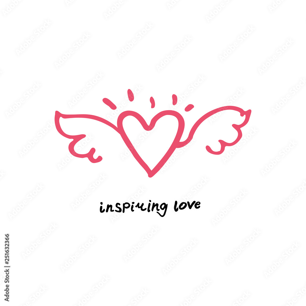 Inspiring love. Hand drawn logo line art wings and heart. Can be used for different designs, for example a print on a t-shirt.