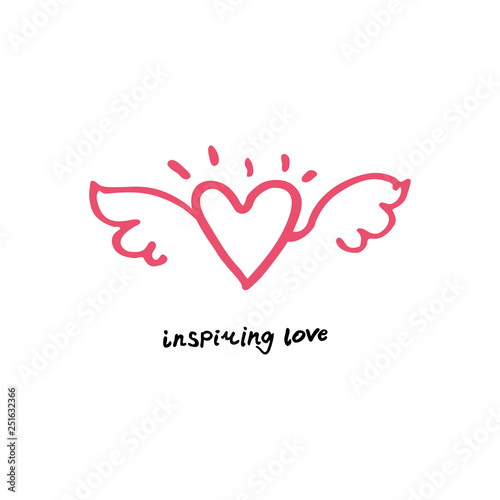 Inspiring love. Hand drawn logo line art wings and heart. Can be used for different designs, for example a print on a t-shirt.