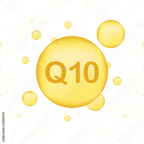 Coenzyme Q10. Gold vector oil icon. Enzyme drop pill capsule. Vector illustration.