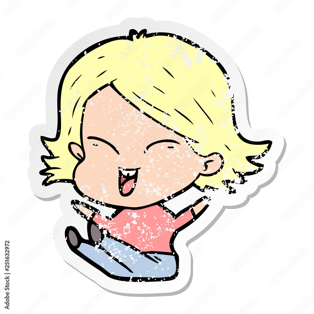 distressed sticker of a happy cartoon girl distressed sticker of a happy cartoon girl
