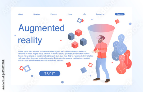 Landing page template of virtual augmented reality glasses concept with man learning and entertaining. Concept of web page design for website and mobile website. Vector illustration.