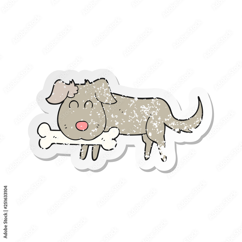 retro distressed sticker of a cartoon dog with bone