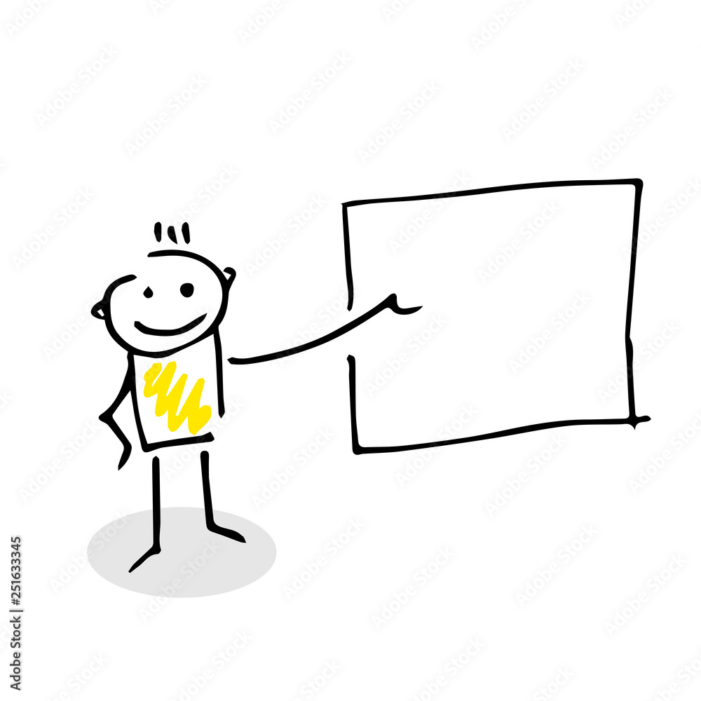 Stick figure showing something on a blank board. Stick figure showing something on a blank board.