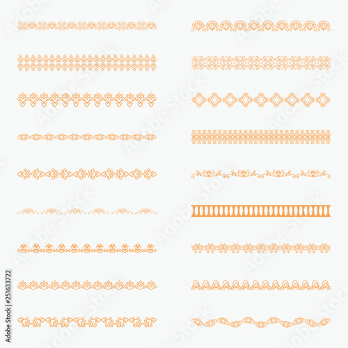 Set of horizontal isolated Orange lace borders for design. Patterned elegant beautiful edge. Vector illustration