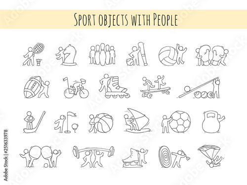 sketch little people with sport equipment