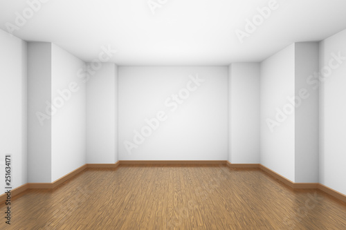 White empty room with brown wooden parquet floor.