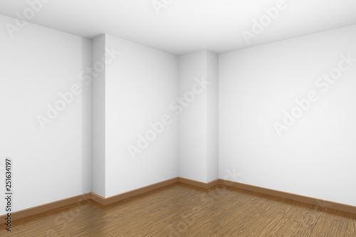 Empty white room corner with brown wooden parquet floor