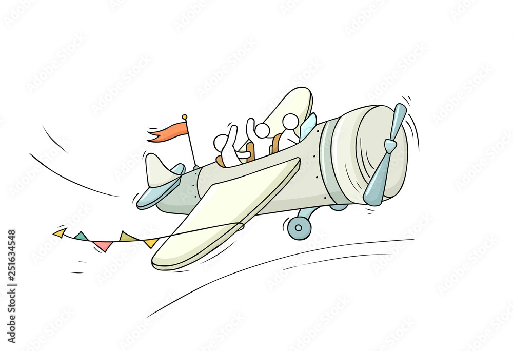 Obraz premium Sketch of little people fly on plane