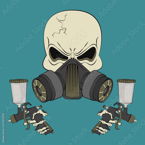 Angry human skull in respirator and two spray guns. Design element for logo, label, emblem, t-shirt or tattoo design. Vector illustration in cartoon style on background.
