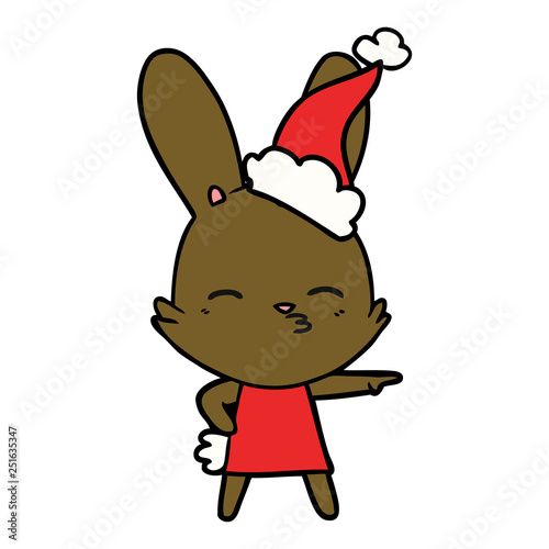 curious bunny line drawing of a wearing santa hat