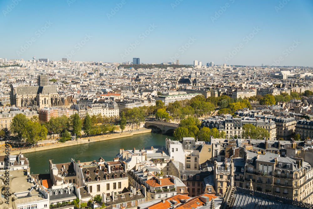 PARIS, FRANCE - 02 OCTOBER 2018: View on Paris from roof of Notre Dame cathedral