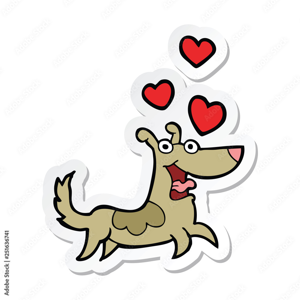 sticker of a cartoon dog with love hearts