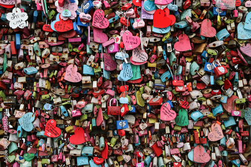 A detail picture of the love locks hanging at the Namsan Tower in Seoul  Korea. 