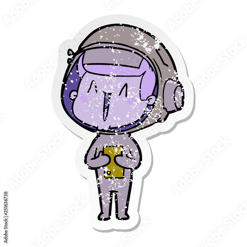 distressed sticker of a happy cartoon astronaut