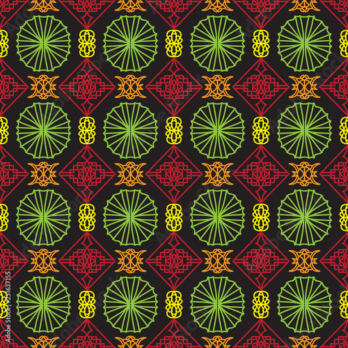 Seamless pattern with bright geometric ornament.