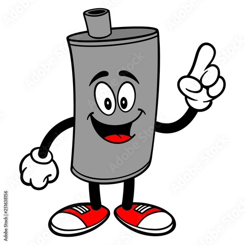 Car Muffler Mascot Pointing - A vector cartoon illustration of a car muffler mascot pointing.