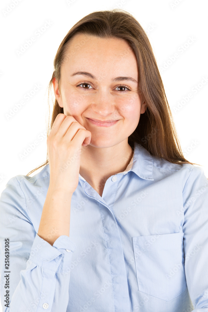 Portrait of pretty, modern, nice, cute girl holding fingers on chin looking at camera standing over white background Portrait of pretty, modern, nice, cute girl holding fingers on chin looking at camera standing over white background
