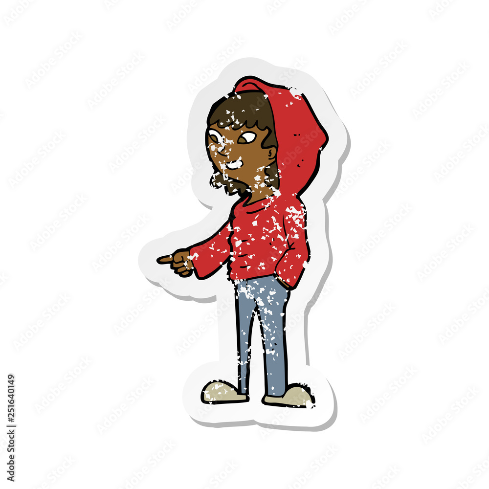 retro distressed sticker of a cartoon pointing teenager retro distressed sticker of a cartoon pointing teenager