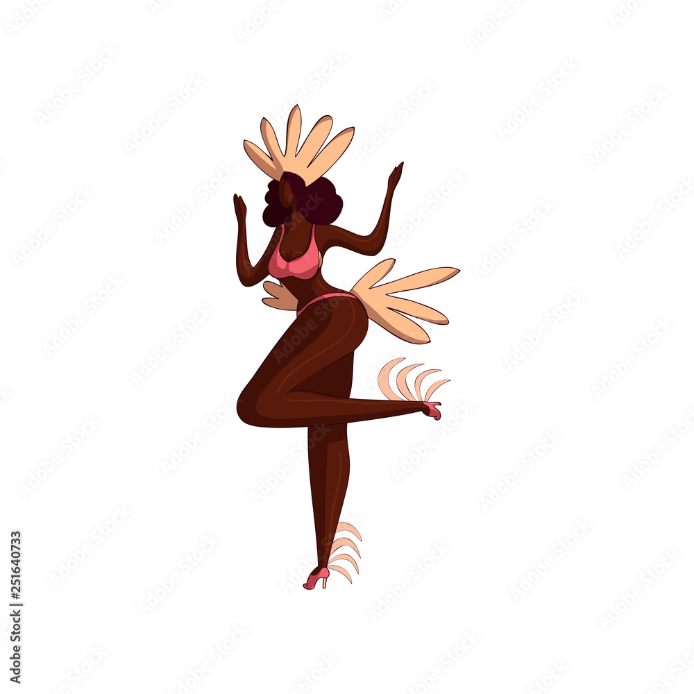 Attractive Latino girl in dancing action. Woman in bikini and headdress with feathers. Samba dancer. Vector design