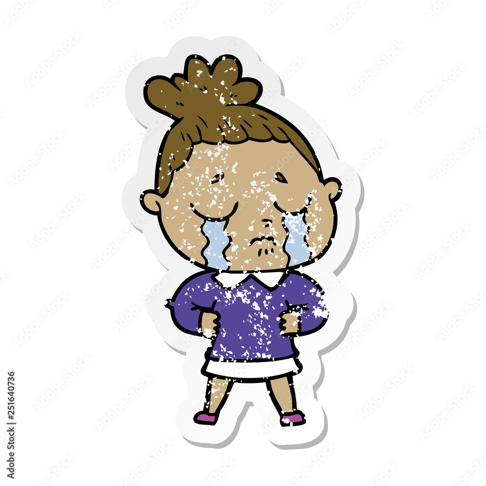 distressed sticker of a cartoon crying woman distressed sticker of a cartoon crying woman
