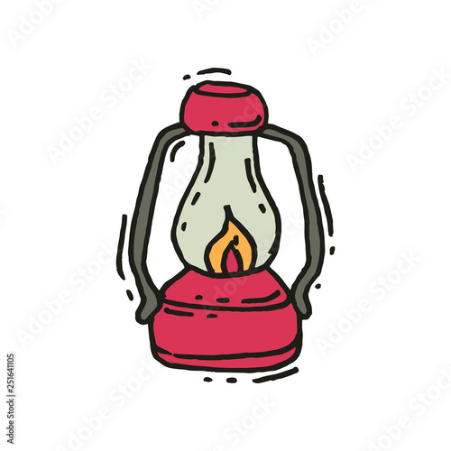 Pink vintage lantern with glowing fire wick in doodle style. Retro gas lamp. Camping equipment. Hand drawn vector icon