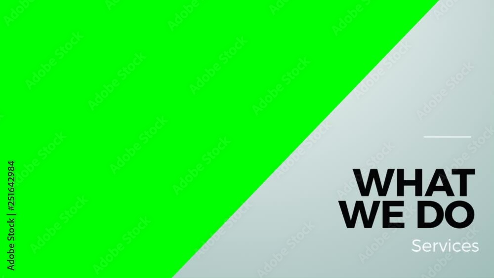 Set of 7 Company Profile Text Slides on Green Screen For Business Promo Chapter Headings. Featuring Services, Approach, Team, Portfolio, History, Contact, Results and Testimonials.