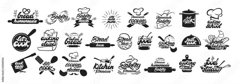 Big set of cooking and bakery logos in lettering style. Bread emblems. Cook, chef, kitchen utensils icon or logo. Handwritten lettering vector illustration - Vector