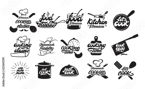 Cooking logos or emblem set in lettering style. Bon appetit. Cooking idea. Cook, chef, kitchen utensils icon or logo. Handwritten lettering vector illustration - Vector
