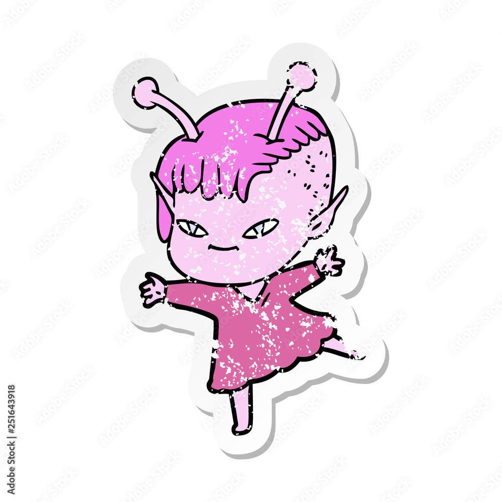 distressed sticker of a cute cartoon alien girl distressed sticker of a cute cartoon alien girl